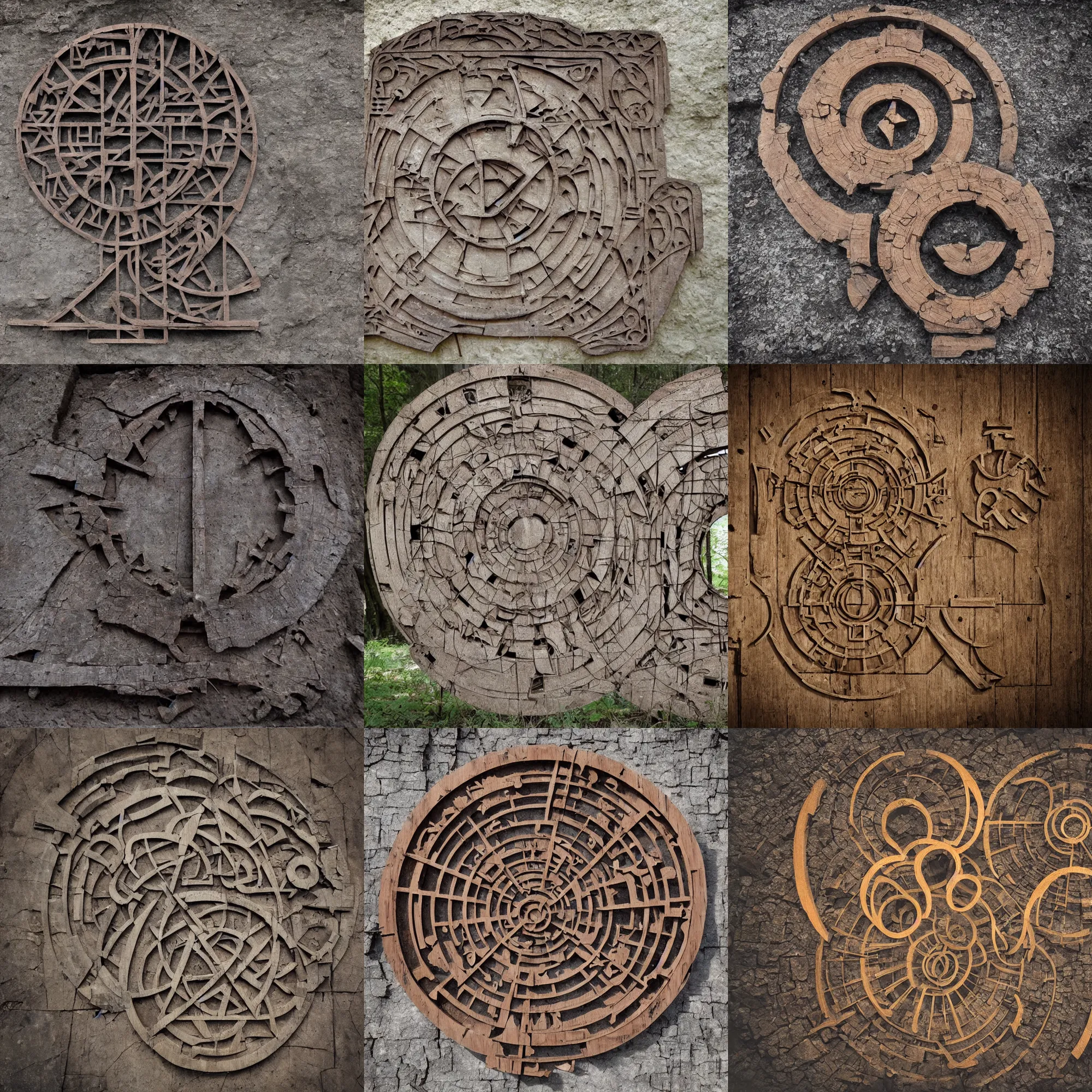 Prompt: ruins of ancient technology, wooden sigils, portal to another dimension, cg society, perfect symmetry