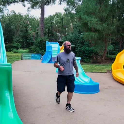 Image similar to A bearded man walks through a funpark