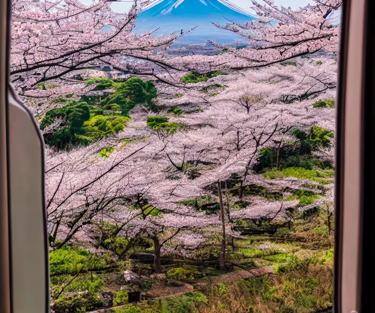 Image similar to a photo of mount fuji, japanese ladscapes, rice paddies, sakura trees, seen from a window of a train. cinematic lighting.