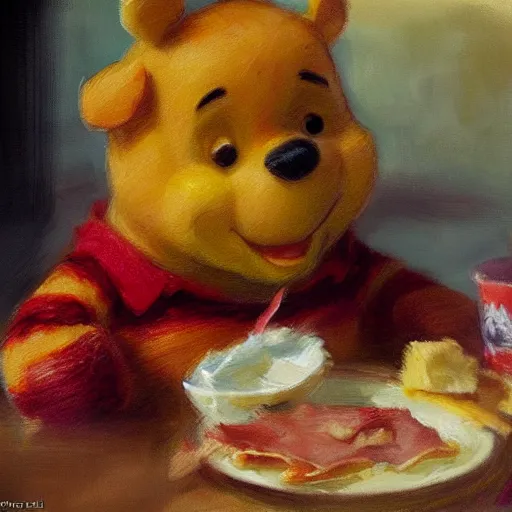 Image similar to close up of winnie the pooh eating bacon sandwich, cinematographic shot, by daniel f. gerhartz