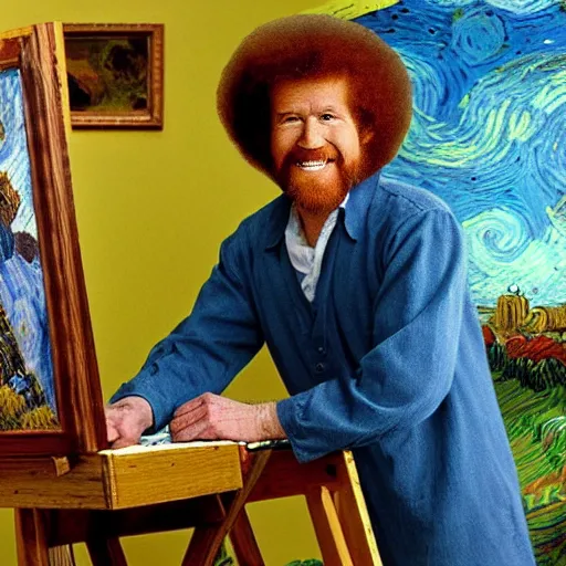 Image similar to ! bob ross! at his easel, painting a van gogh picture