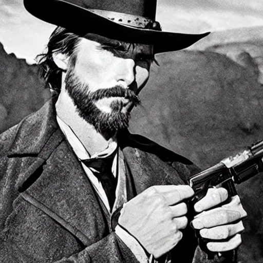 Image similar to an 1 8 0 0 s photo of christian bale playing the role of clint eastwood, squinting at high noon, in the style of a clint eastwood movie, the good, the bad and the ugly, vibe, glory days, mount rushmore, justice, american flag, independence, patriotism, black and white, artgerm