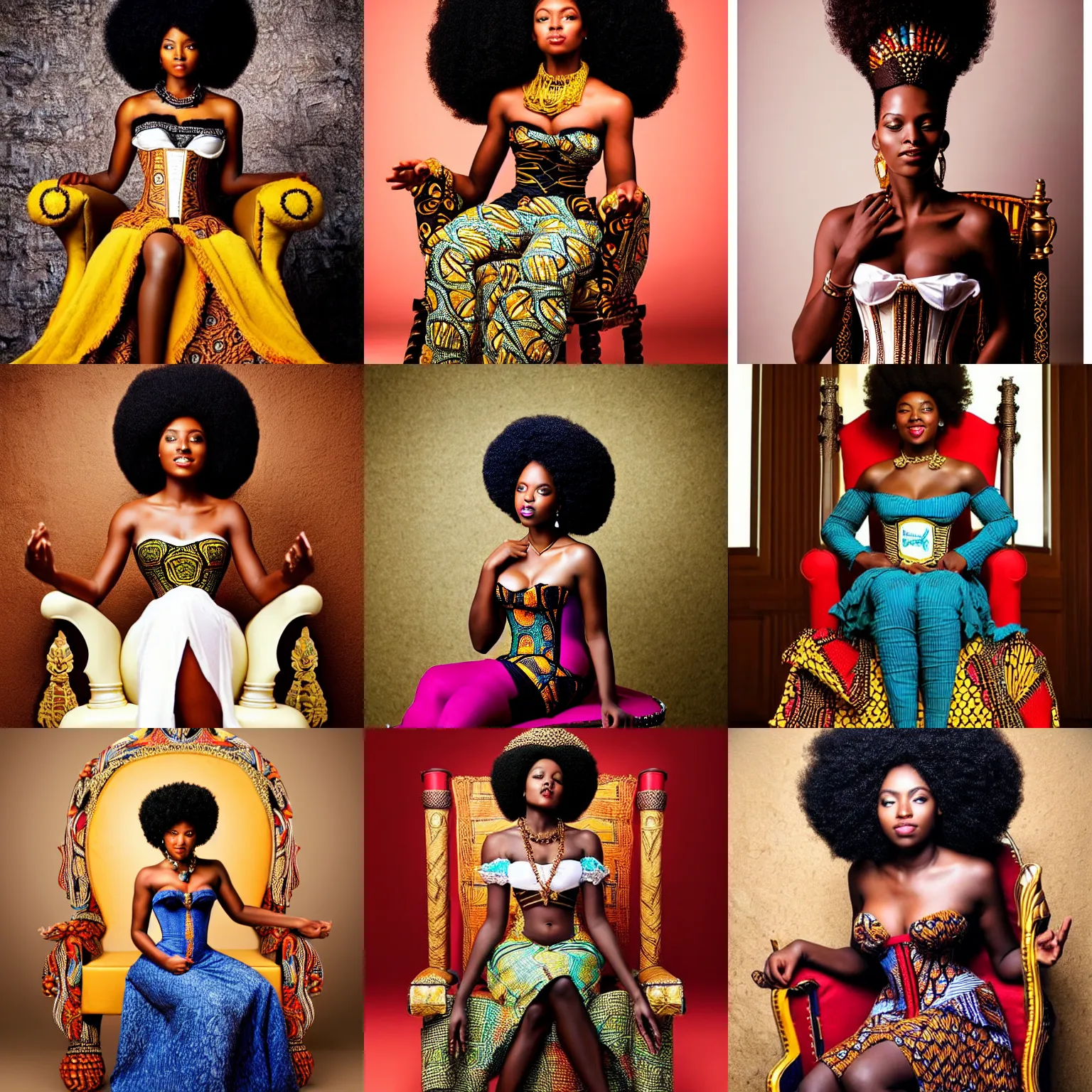 Prompt: beautiful african goddess with an afro, sitting on an royal throne, wearing corset, regal pose