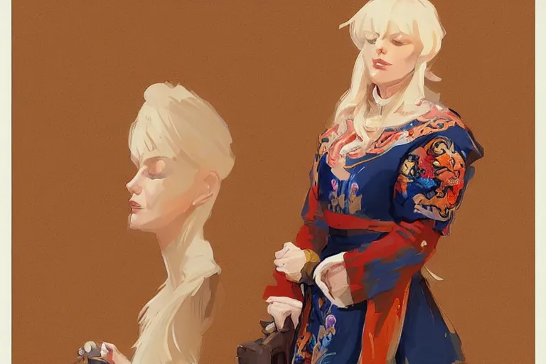 Image similar to a blonde woman wearing medieval tapestry as clothing, by jesper ejsing, ilya kuvshinov, greg rutkowski on artstation