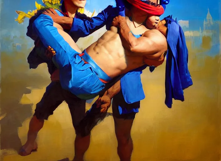 Prompt: greg manchess portrait of a filipino fighter wearing a jester hat victorious holding a man in a blue suit over his head, organic painting, sunny day, matte painting, bold shapes, hard edges, street art, trending on artstation, by huang guangjian, gil elvgren, ruan jia, randy vargas, greg rutkowski