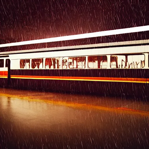 Image similar to 1990s perfect 8K HD professional cinematic photo of a bus in dystopian hangar, at evening during rain, at instagram, Behance, Adobe Lightroom, with instagram filters, depth of field, taken with polaroid kodak portra