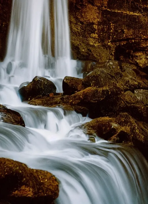 Prompt: a 3 5 mm photo of the interior of an incredible waterfall, bokeh, canon 5 0 mm, cinematic lighting, dramatic, film, photography, golden hour, depth of field, award - winning, 3 5 mm film grain, retro, film, kodachrome