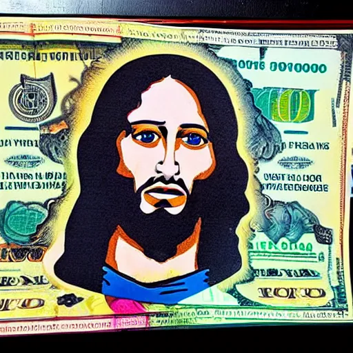 Image similar to painting of Jesus in the style of Alec monopoly, raining money