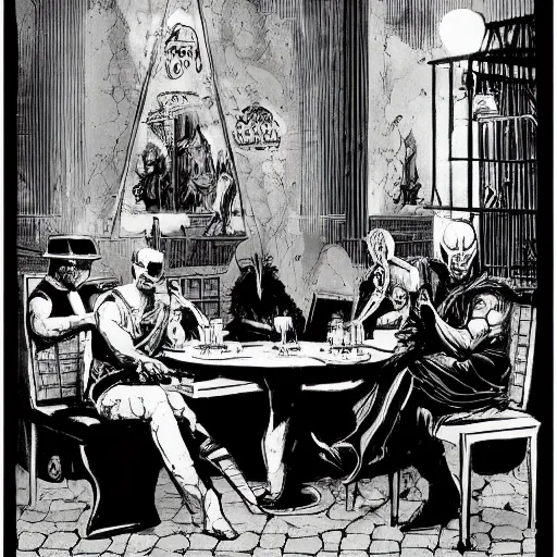 Prompt: black and white blotchy illustration of dark figures plotting a heist in a roman cafe, by brom, frazetta, zabrocki, ultra wide angle, trending on artstation, rule of thirds w 1 0 2 4