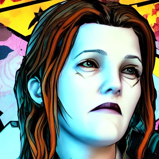 Image similar to drew barrymore portrait, borderlands, tales from the borderlands, the wolf among us, comic, cinematic lighting, studio quality, 8 k