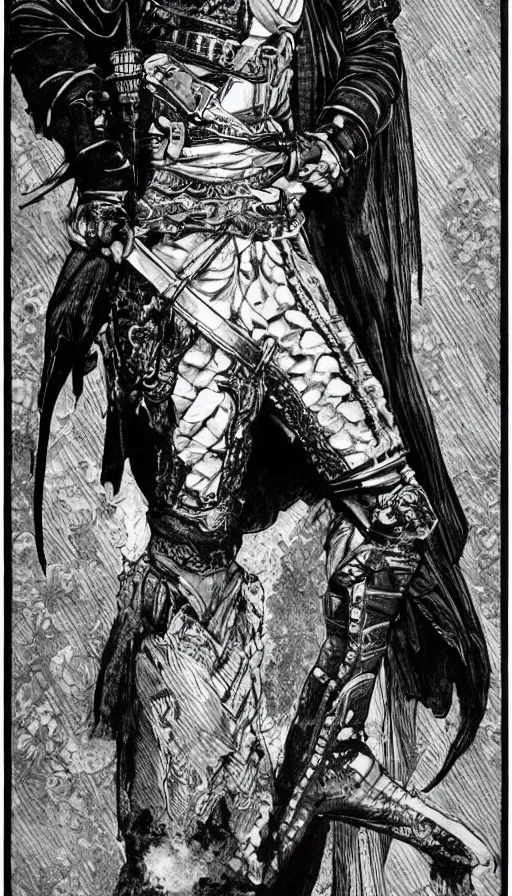 Image similar to a black and white ink fine ink drawing of a thief, from of thrones, in leather armor, fibonacci, sweat drops, intricate fashion clothing, concept art, smooth, sharp focus, portrait, illustration, art by alphonse mucha and travis charest