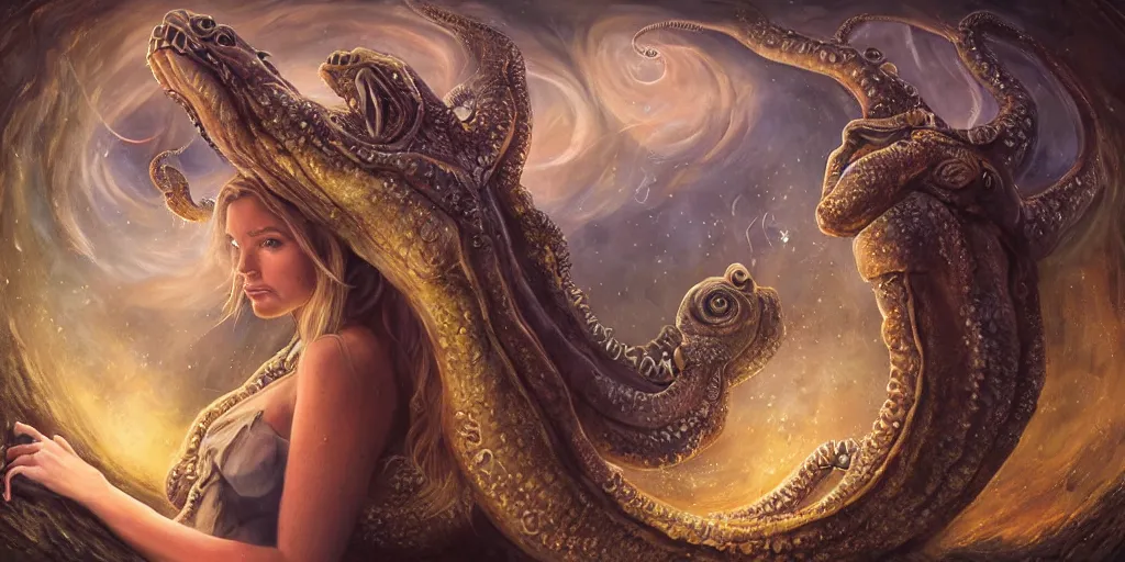 Image similar to Fantasy fairytale style portrait painting, Great Leviathan Turtle, cephalopod, Cthulhu Squid, hybrid, Mythic Island, center Universe, accompany Cory Chase, Blake Lively, Anya_Taylor-Joy, Grace Moretz, Halle Berry, Mystical Valkyrie, Anubis-Reptilian, Atlantean Warrior, hybrid, intense fantasy atmospheric lighting, digital oil painting, hyperrealistic, François Boucher, Michael Cheval, Oil Painting, Cozy, hot springs hidden Cave, candlelight, natural light, lush plants and flowers, Spectacular Mountains, bright clouds, luminous stellar sky, outer worlds, Jessica Rossier, michael whelan, William-Adolphe Bouguereau, Solar Flare HD,