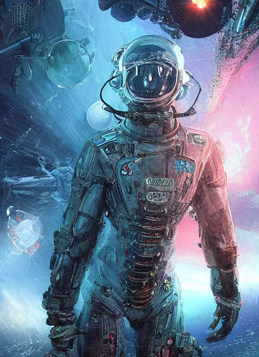 Image similar to astronauts in dark and empty void underwater - complex and hyperdetailed technical suit. reflection and dispersion materials. rays and dispersion of light. volumetric light. 5 0 mm, f / 3 2. noise film photo. flash photography. ultra realistic, wide angle. poster by wayne barlowe, hajime sorayama aaron horkey, craig mullins