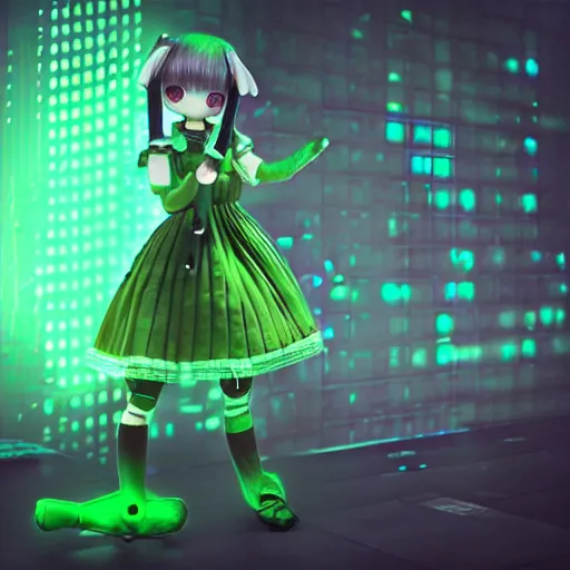 Prompt: cute fumo plush of a girl with prosthetic mechanical arms, green velvet dress, glowing dataglyphs, bokeh, cyberpunk anime girl, vray