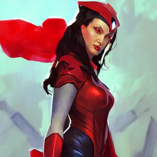 Image similar to greg manchess portrait painting of scarlet witch as overwatch character, medium shot, asymmetrical, profile picture, organic painting, sunny day, matte painting, bold shapes, hard edges, street art, trending on artstation, by huang guangjian and gil elvgren and sachin teng