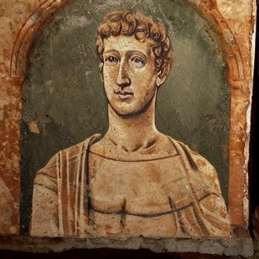 Prompt: photo of an ancient roman fresco on a wall in an ancient roman villa : mark zuckerberg as a roman noble senator. dressed in a white toga. serious facial expression. detailed, intricate artwork. faded shadows