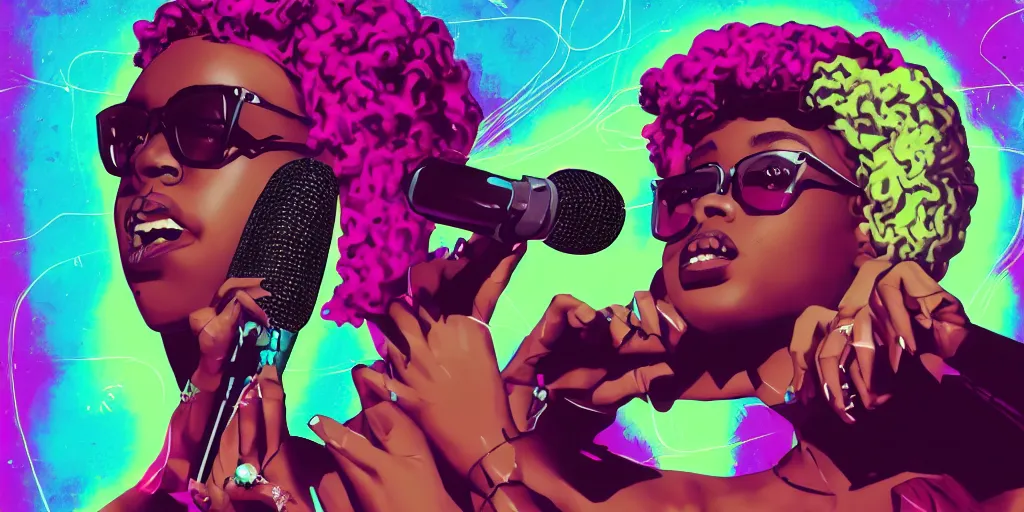 Prompt: black female rapper holds microphone straight out, digital art, vapor wave, hip hop, psychedelic, surreal, trending on Artstation, professional artist, detailed, 4k