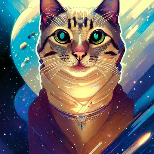 Prompt: Portrait of cat in space, intricate, elegant, highly detailed, digital painting, artstation, concept art, smooth, sharp focus, illustration, art by artgerm and greg rutkowski and alphonse mucha