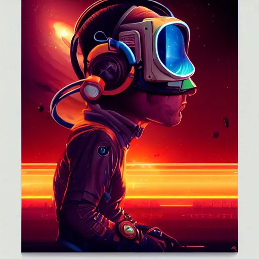 Prompt: a poster design of a solo cyberpunk cosmonaut wearing headphones in space, universe, cyberpunk, warm color, Highly detailed labeled, poster, peter mohrbacher, featured on Artstation