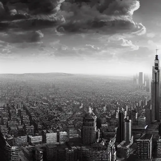 Prompt: an ultra detailed black and white matte painting of the palace district high above the city on a massive column of stone, one impossibly tall black spire in the center that touches the clouds, ultrawide lense, aerial photography, twilight, artstation, volumetric lighting, exquisite detail, octane render, 8 k postprocessing, art by m. c. escher
