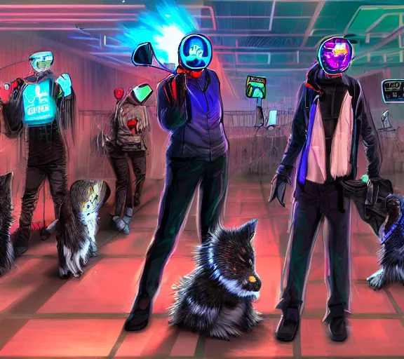 Image similar to high - resolution photograph from a cyberpunk era furry fandom convention ( midwest furfest 2 0 4 7 ), taking place after the genetic revolution and quantum singularity. photorealistic.