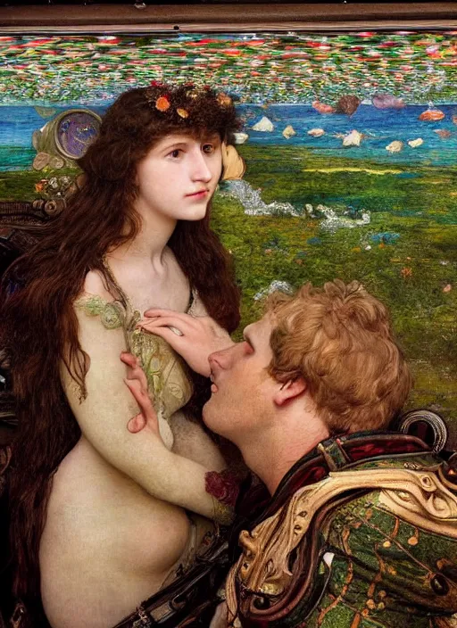 Prompt: detailed colourful masterpiece of intricate preraphaelite art nouveau photography couple portrait sat down extreme closeup, love, inside an underwater train, detailed realistic expressions, wearing unusual clothes, by ford madox brown and frederic leighton and john william waterhouse and william morris, ultra wide angle