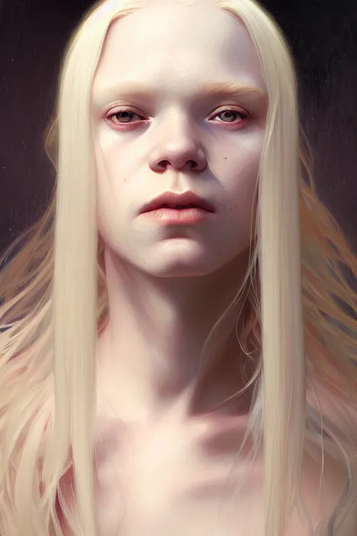 Prompt: Close-up portrait of young albino girl, long blonde hair, dark fantasy, portrait, highly detailed, digital painting, artstation, concept art, sharp focus, illustration, art by artgerm and greg rutkowski and alphonse mucha