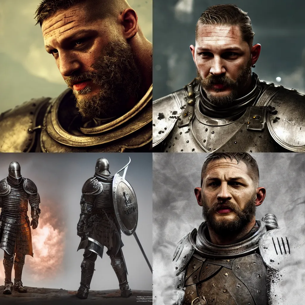 Prompt: Tom Hardy as a middle-aged knight in plain, battered armor, highly detailed, centered, artstation, concept art, sharp focus, 8K, octane render, unreal engine