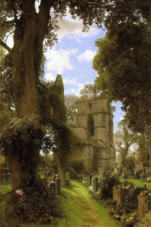 Image similar to a giant sketet in a magnificent dress walks along a cemetery along a path near a church in Manchester england, overgrown, weeds and ivy on the graves, an old twisted tree, a high stone wall, lawrence alma-tadema