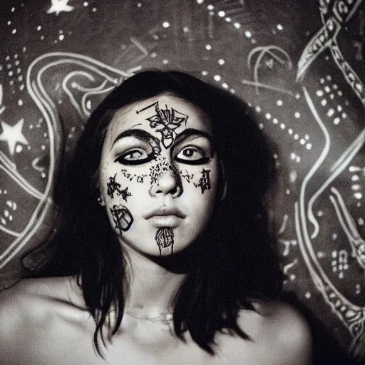 Image similar to beautiful young woman with micron pen ink face tattoos stares at the camera, night sky, stars in background, bruce gilden, leica s, fuji 8 0 0, grainy, low light