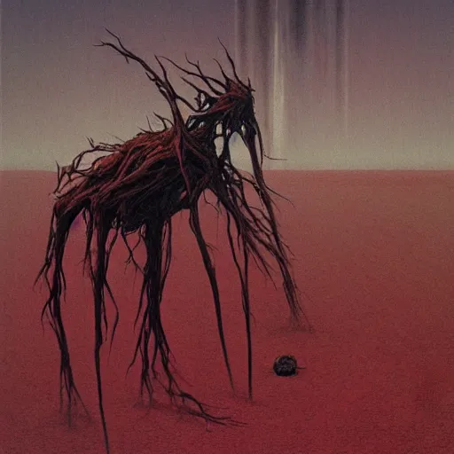 Image similar to mother, wrapped in thorns, in a desolate, charred desert, high contrast, dark red, HDR, painted by zdzislaw beksinski