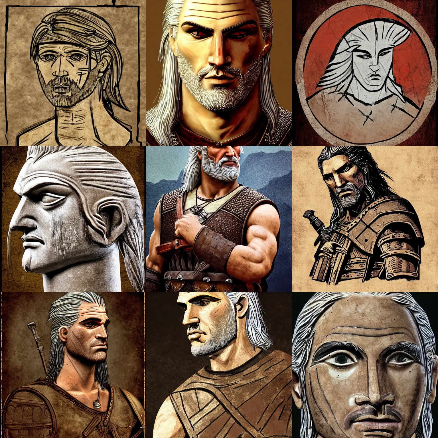 Prompt: geralt of rivia drawn on an ancient greek vase, ancient greek pottery, studio photography, 4 0 0 bc, high resolution, terracotta