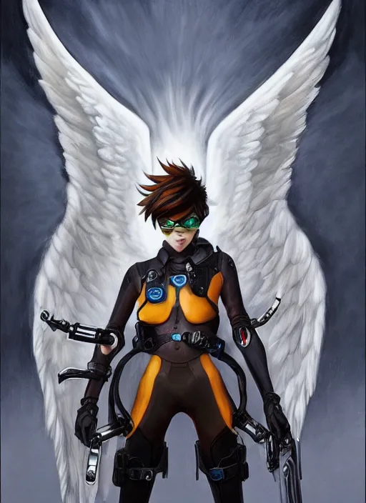 Image similar to full body artwork of tracer overwatch wearing leather collar in style of zdzisław beksinski, angel wings, dramatic painting, symmetrical composition, wearing detailed leather collar, black shiny armor, chains, black harness, detailed face and eyes,