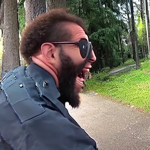 Image similar to police bodycam footage of laughing caveman fleeing, street