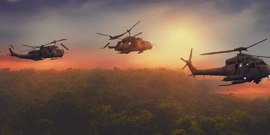 Image similar to Painting of vietnam Huey Helicopters, above a forest, orange sun set, abstract, realism, high details, glow, far, distance, over the horizon, drawn, 8k, octane render, 3D