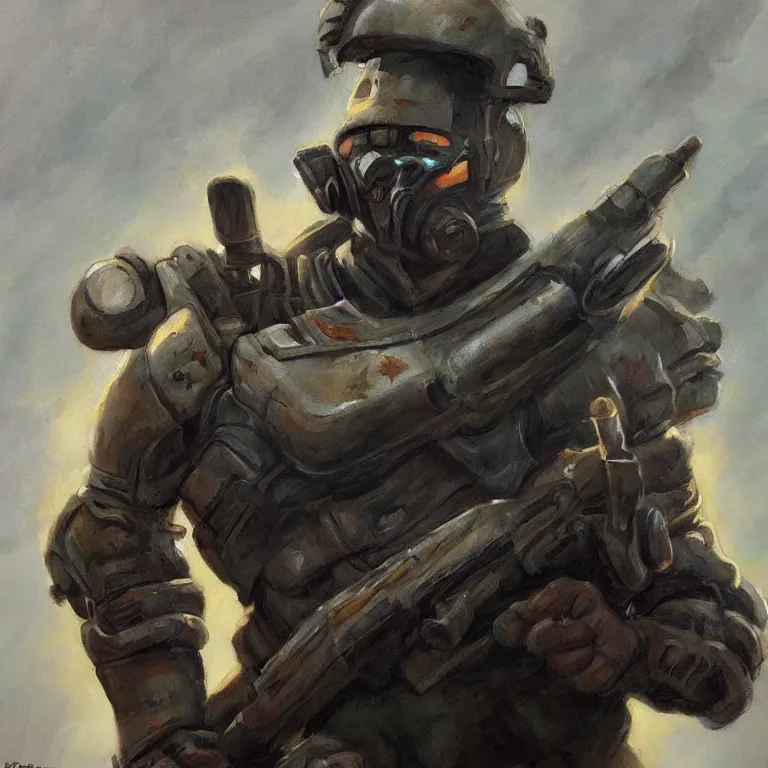 Prompt: a beautiful portrait painting in the style of frank frazetta of a half - life 2 combine soldier