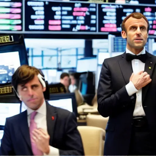 Prompt: film still Emmanuel Macron at Wall street stock exchange, exulting from joy, in the big short (2015)