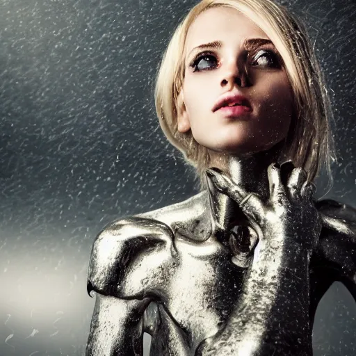 Image similar to a beautiful blond girl with human face and cybernetic body, standing on top of a pile of sculls, pretty face, perfect face, fine details, heavy rain, 8 k, shallow depth of field, moody lighting, cinematic lighting,