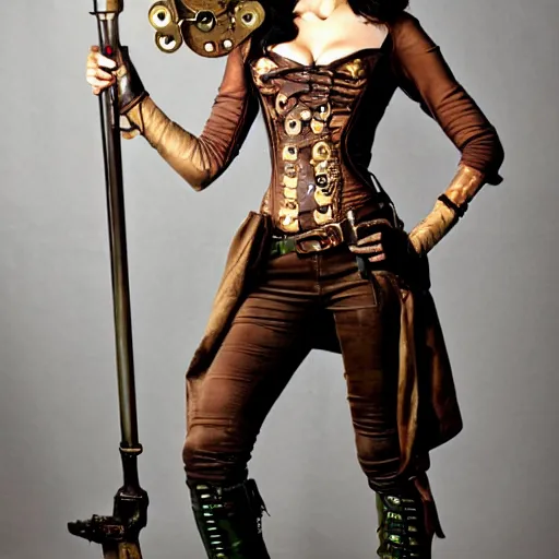 Image similar to full body photo of a skinny female steampunk warrior