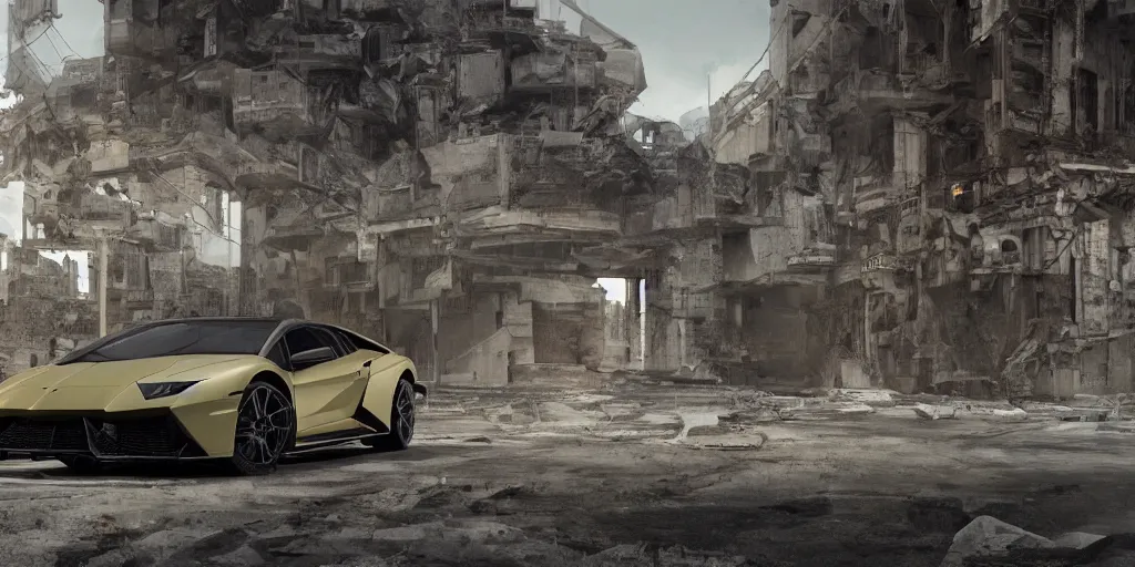 Image similar to black lego lamborghini in an abandoned city. brutalist architecture. soft light. cinematic. intricate. low angle close shot. highly detailed. matte painting in the style of thu berchs, sparth style, pascal blanche style, eddie mendoza style, ash thorp style. octane render. 8 k. trending on artstation