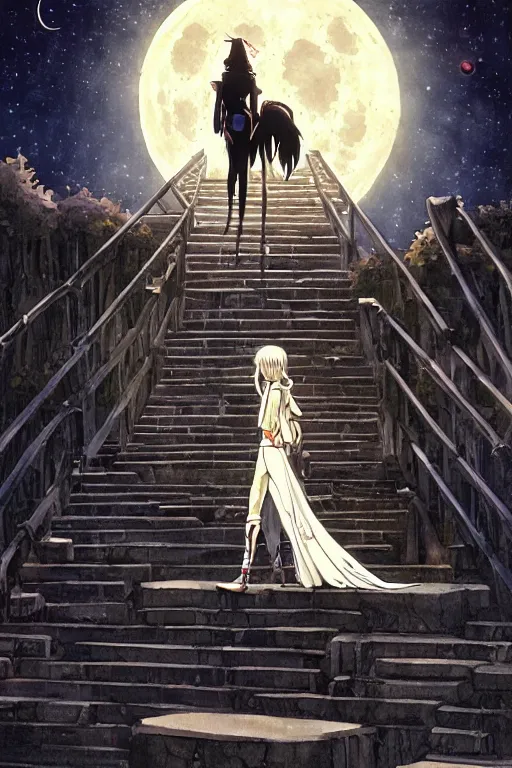 Image similar to a full moon and a white wolf glimmering stairways to otherworldly galaxies, high intricate details, rule of thirds, golden ratio, cinematic light, anime style, graphic novel by fiona staples and dustin nguyen, by beaststars and orange, peter elson, alan bean, studio ghibli, makoto shinkai