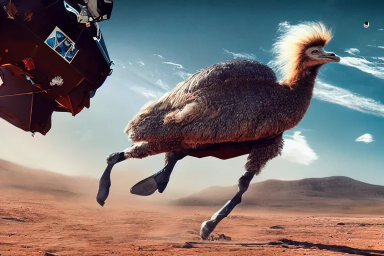 Prompt: an astronaut riding the fastest ostrich in a race, cinematic imax shot, retro, hyper detailed, windy mane, motion still