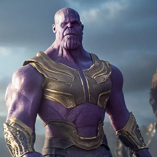 Prompt: the rise of true king, thanos stands attop pride rock and all bow before the true king