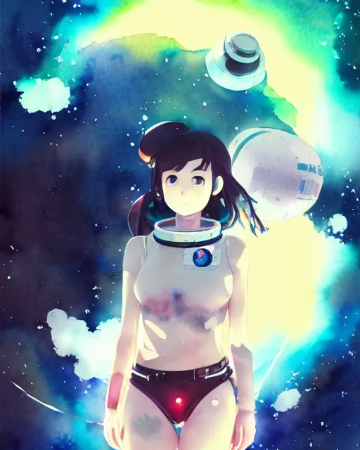 Image similar to oriental water color of a cute thicc astronaut damaged zombiewoman, floating through space, backlit, by makoto shinkai and krenz cushart