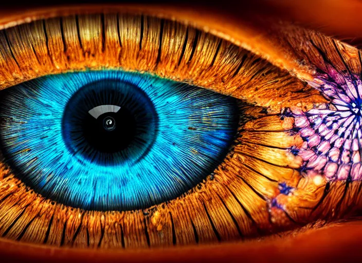 Prompt: macro photo of a eye with big blue and colorful fractal iris , detailed, photorealistic , macro photography