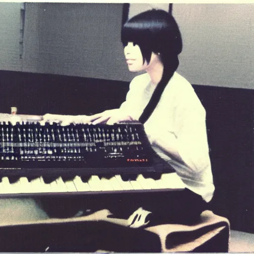 Image similar to 1 9 7 0 s polaroid of a female japanese musician playing a vintage synthesizer, hazy, faded