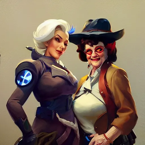 Prompt: greg manchess painting of two old ladies overwatch character, medium shot, asymmetrical, profile picture, organic painting, sunny day, matte painting, bold shapes, hard edges, street art, trending on artstation, by huang guangjian and gil elvgren and sachin teng