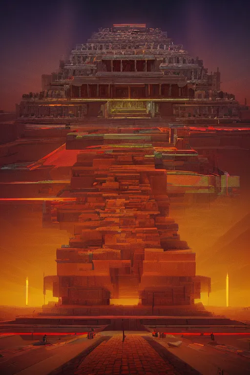 Image similar to Artwork by Beeple of the cinematic view of the Temple of Infernal Writings.