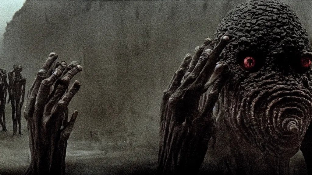 Prompt: the creature from the black city, film still from the movie directed by denis villeneuve and david cronenberg with art direction by salvador dali and zdzisław beksinski, wide lens