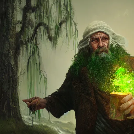 Image similar to realistic a human hobo druid with green magic around, fantasy book, d & d, high detail, 8 k, octane render painting, dark fantasy